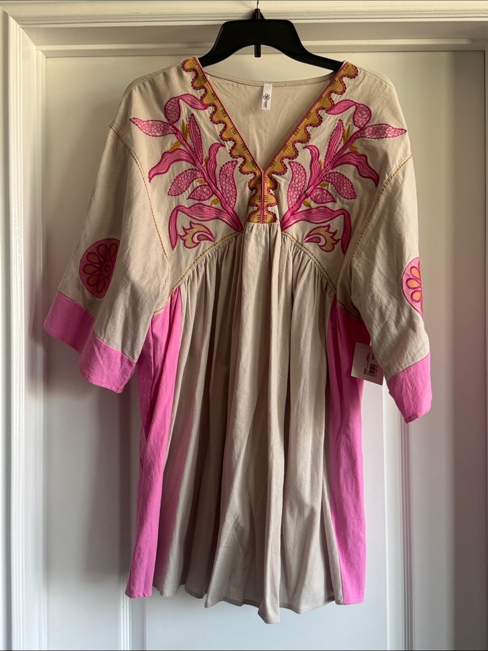 Boho Embroidered Pink & Cream V-Neck Dress